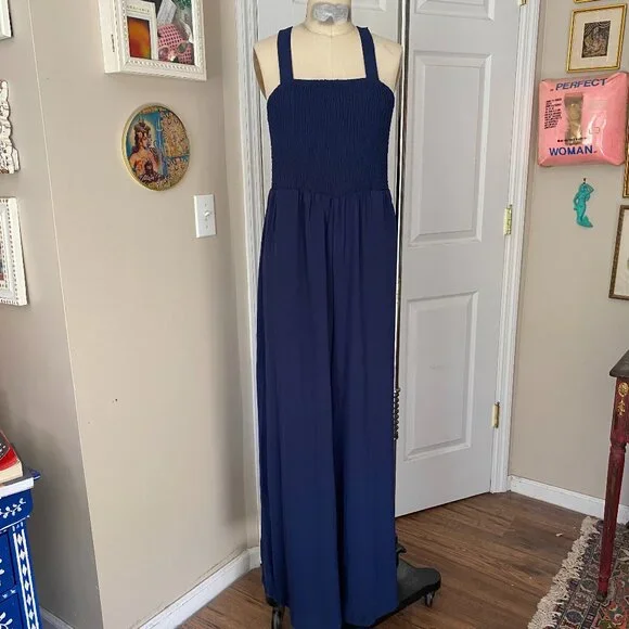 ROUGE Navy Blue Smocked chest Stretch Wide-Leg Romper Jumpsuit *LARGE* - Picture 1 of 6